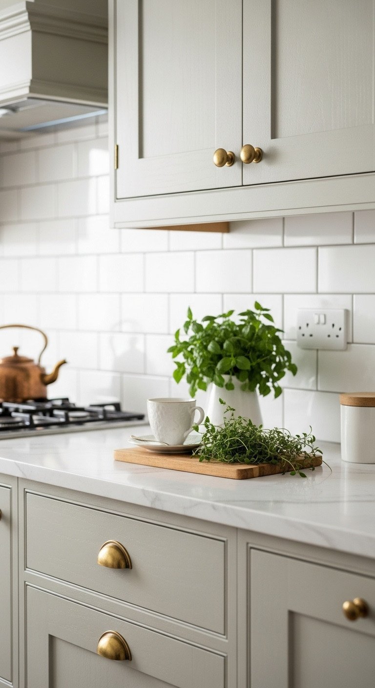 Sage green shaker kitchen cabinets with antique brass knobs, white subway tile backsplash, marble countertop, copper teapot, fresh herbs.