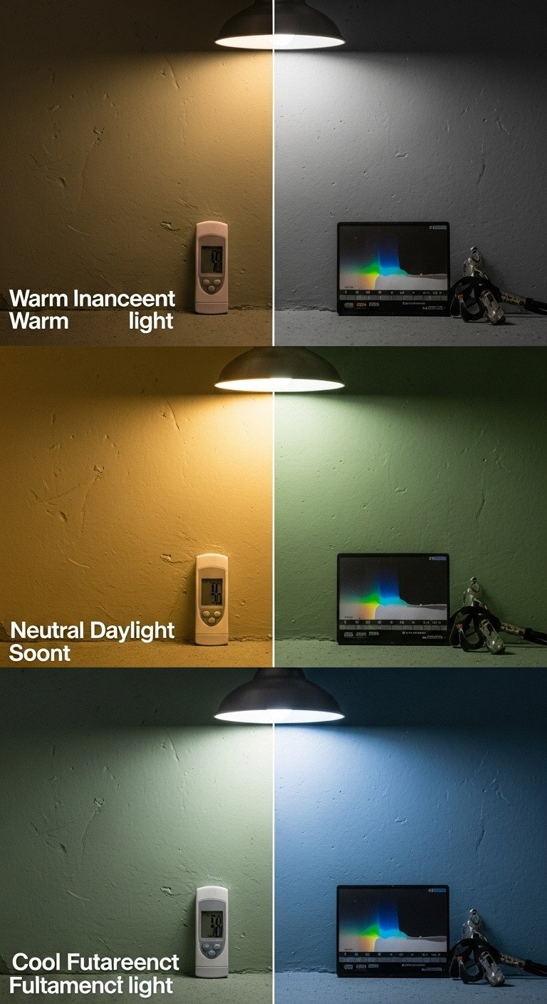 Sage green wall illuminated by incandescent, daylight, and fluorescent light. Demonstrates metamerism, how color hue shifts.
