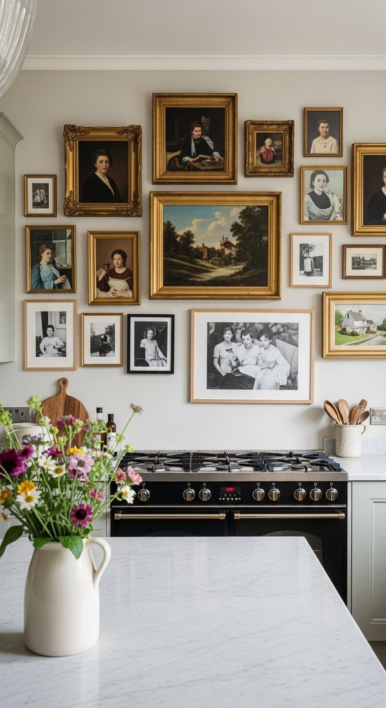 Salon-style gallery wall on a sage green kitchen wall with vintage oil paintings, modern prints, and photos in mixed frames.