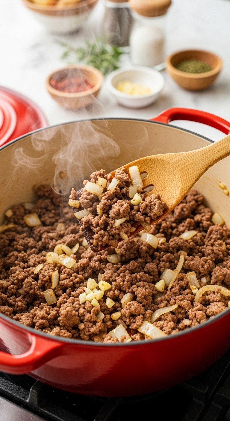 Lasagna Soup One Pot Recipe With Foolproof Noodle Tips 1 Sautéing browned Italian sausage, ground beef, translucent onions, and minced garlic in a red Dutch oven for lasagna soup base; cozy kitchen.