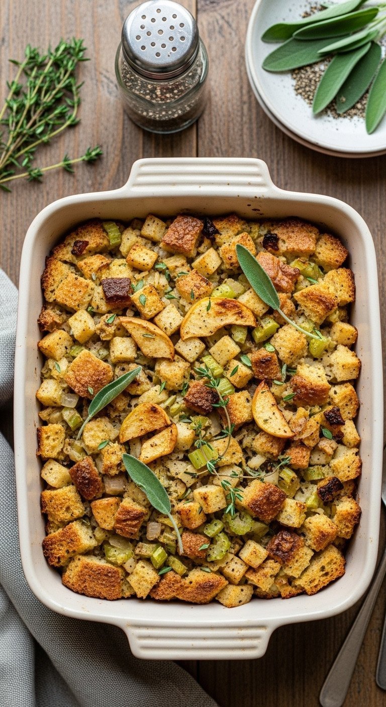11 Best Apple Recipes Plus The Ultimate Baking Variety Guide 13 Savory apple and sage bread stuffing in ceramic dish with caramelized apples, fresh herbs, and pepper.