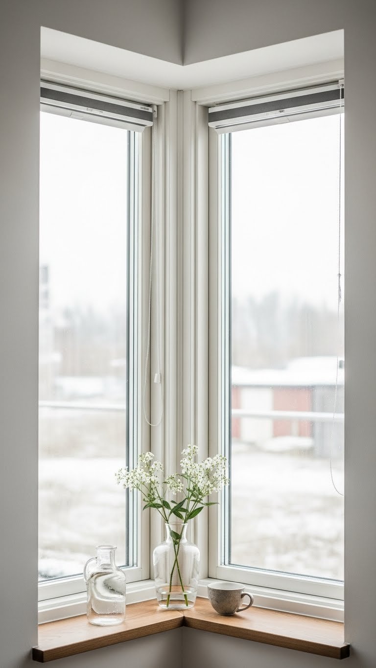 Scandi open kitchen living room with large windows, minimal treatments, white walls, and natural wood, emphasizing a light, airy design.