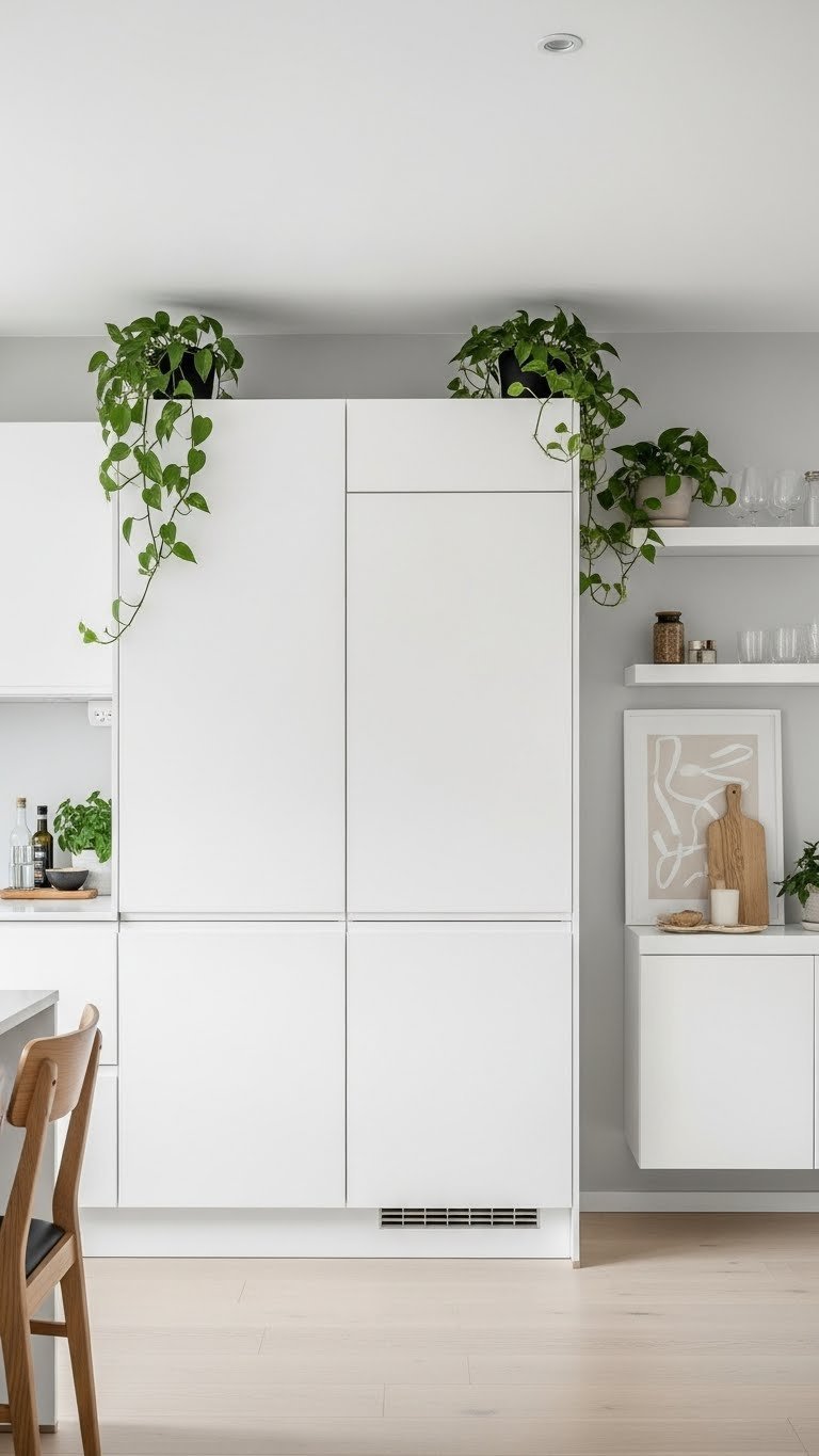 Scandi open space with sleek, handleless, floor-to-ceiling white cabinetry for integrated storage, creating a clean, minimalist aesthetic.