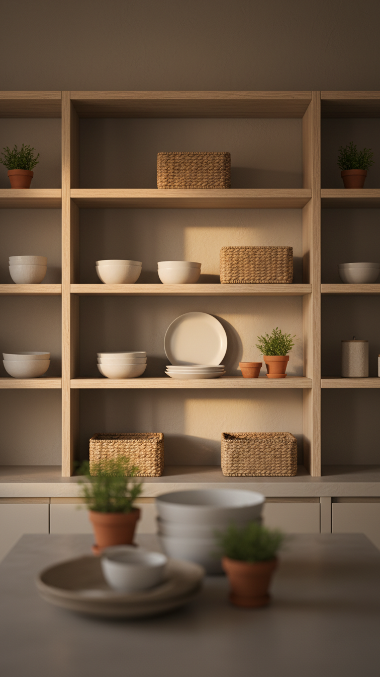 Scandinavian beige kitchen with sleek wall, light natural wood open shelving, terracotta accents, fiber baskets, white ceramics.