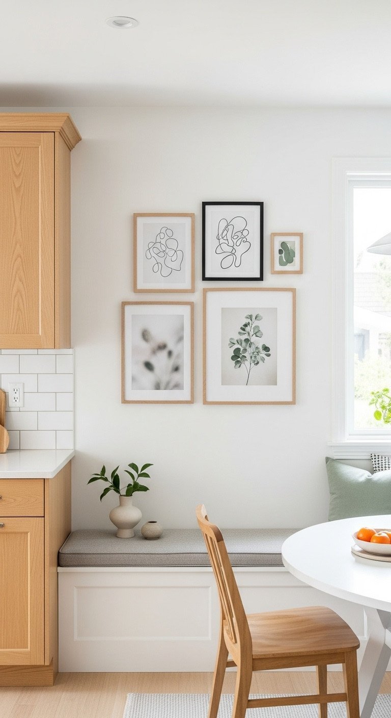 Scandinavian kitchen gallery wall with minimalist line art and botanical prints in mixed black metal and light wood frames.
