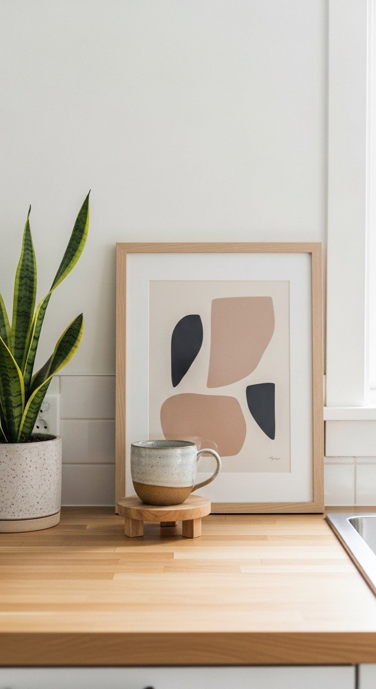 Scandinavian kitchen island decor with framed art, a wooden riser, and a ceramic coffee mug on a light butcher block top.