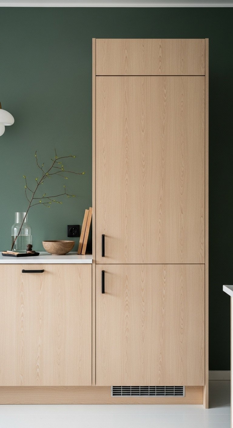 Gorgeous Green And Brown Kitchen Ideas That Wont Look Dark 17 Scandinavian kitchen with light wood flat-panel cabinets, minimalist black pulls, against a deep muted green wall.