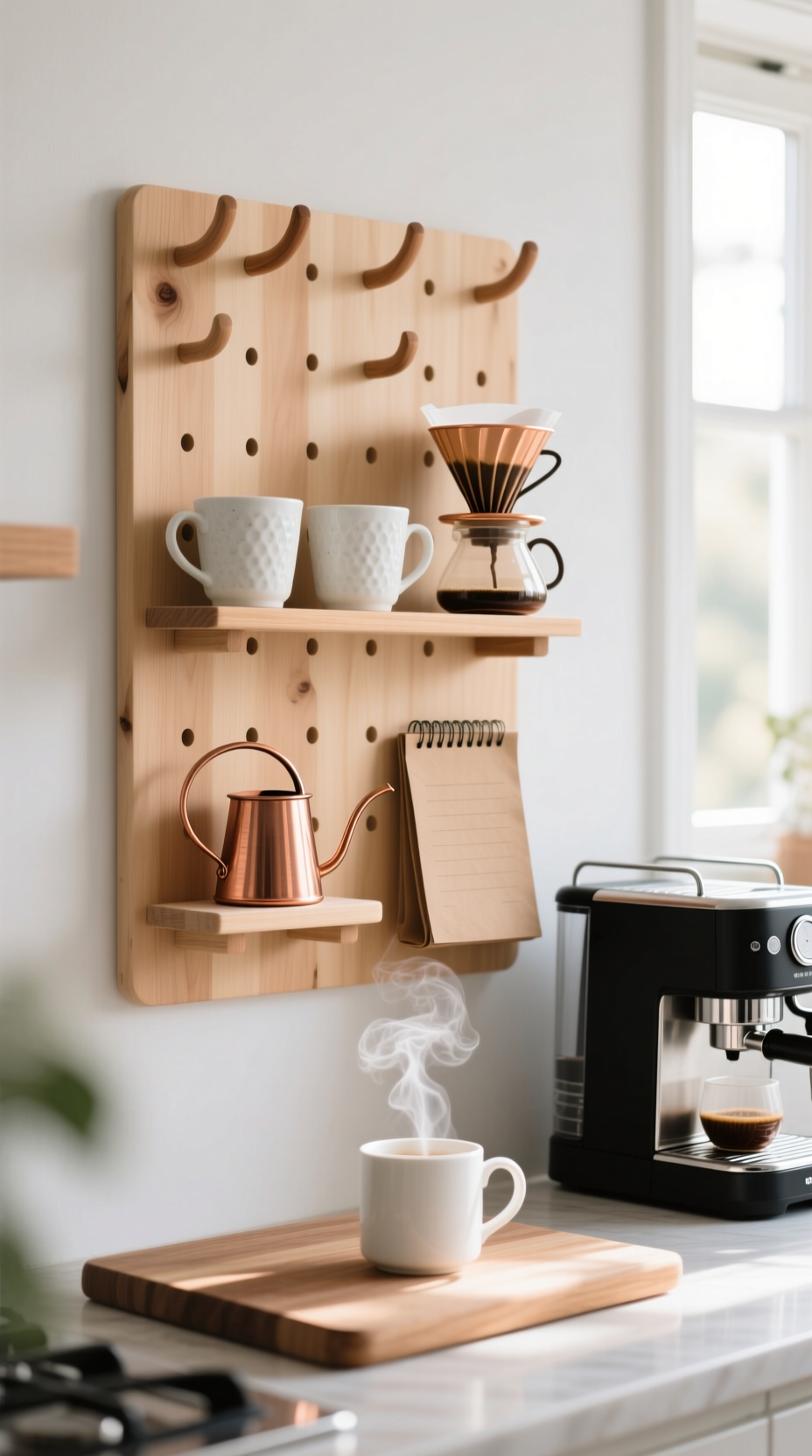 Scandinavian-style kitchen with a large wooden pegboard organizer above a coffee station with mugs and accessories.
