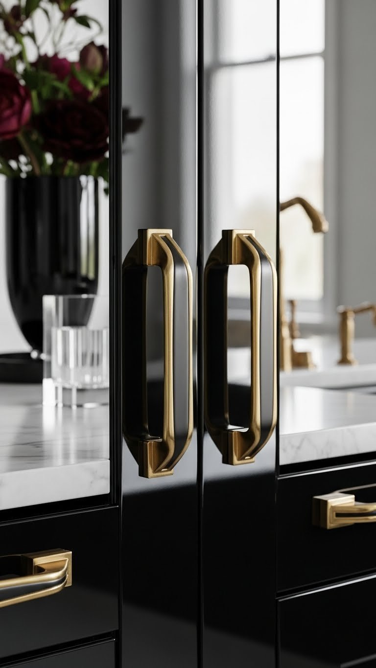 Transform Kitchens With 7 Moody Hardware Picks: Expert Tips 6 Sculptural Art Deco dark metal pulls on high-gloss black kitchen cabinets, with a marble countertop, lit by bright daylight.