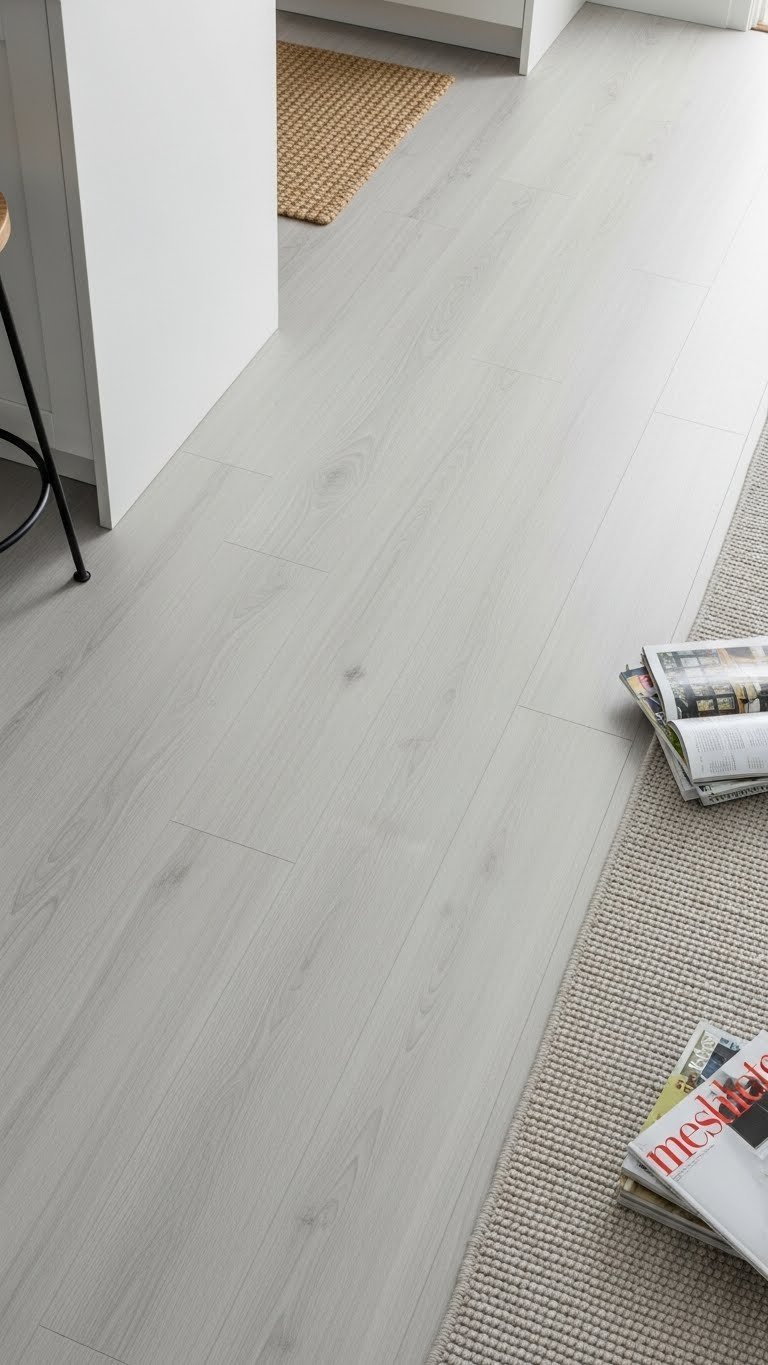 Seamless LVP flooring transition: light wood-look planks connect kitchen and living room with textured rug and doormat.