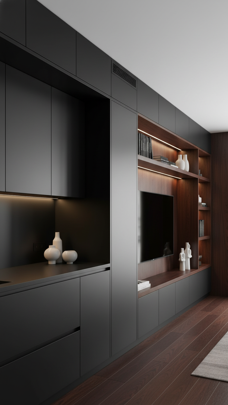 Seamless bespoke joinery in a moody kitchen living room: matte black cabinetry transitions to built-in shelving. Under-cabinet lighting, books.