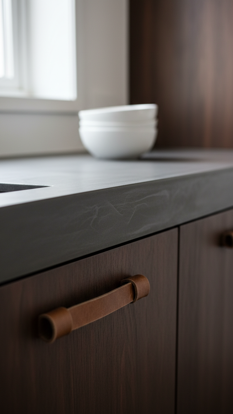 Seamless charcoal micro-cement kitchen countertop with subtle texture. White ceramics and leather handle accent modern, bespoke kitchen design.