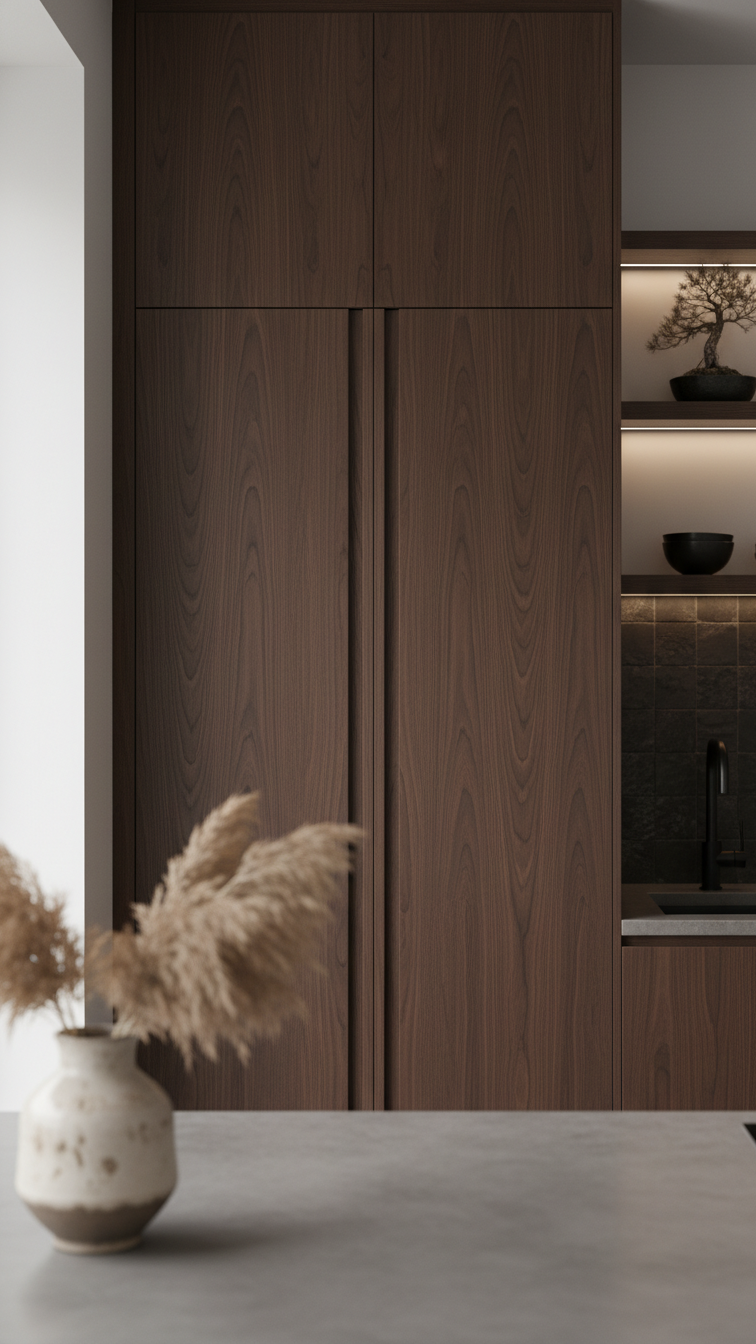 Seamless dark oak cabinets with a handleless design in a sophisticated Japandi kitchen, rich wood veneer, minimalist style, soft lighting.