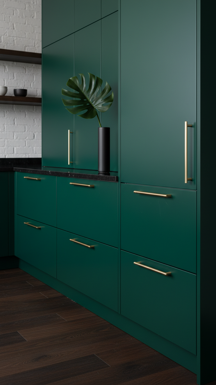 Seamless emerald green kitchen cabinets with integrated appliances, showcasing clean lines and a sophisticated, refined design.