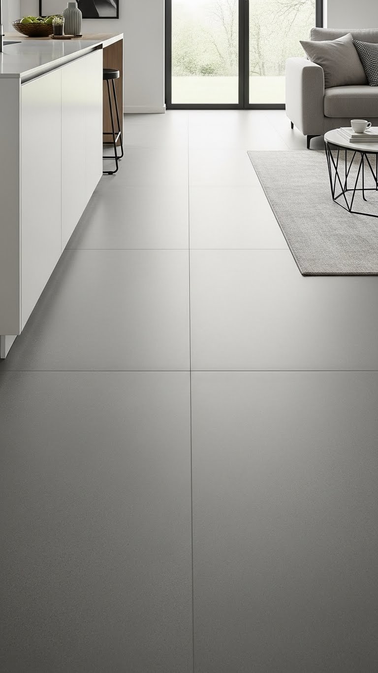 Seamless extra-large matte gray porcelain tiles unify modern open kitchen and living room, minimalist design with neutral area rug.