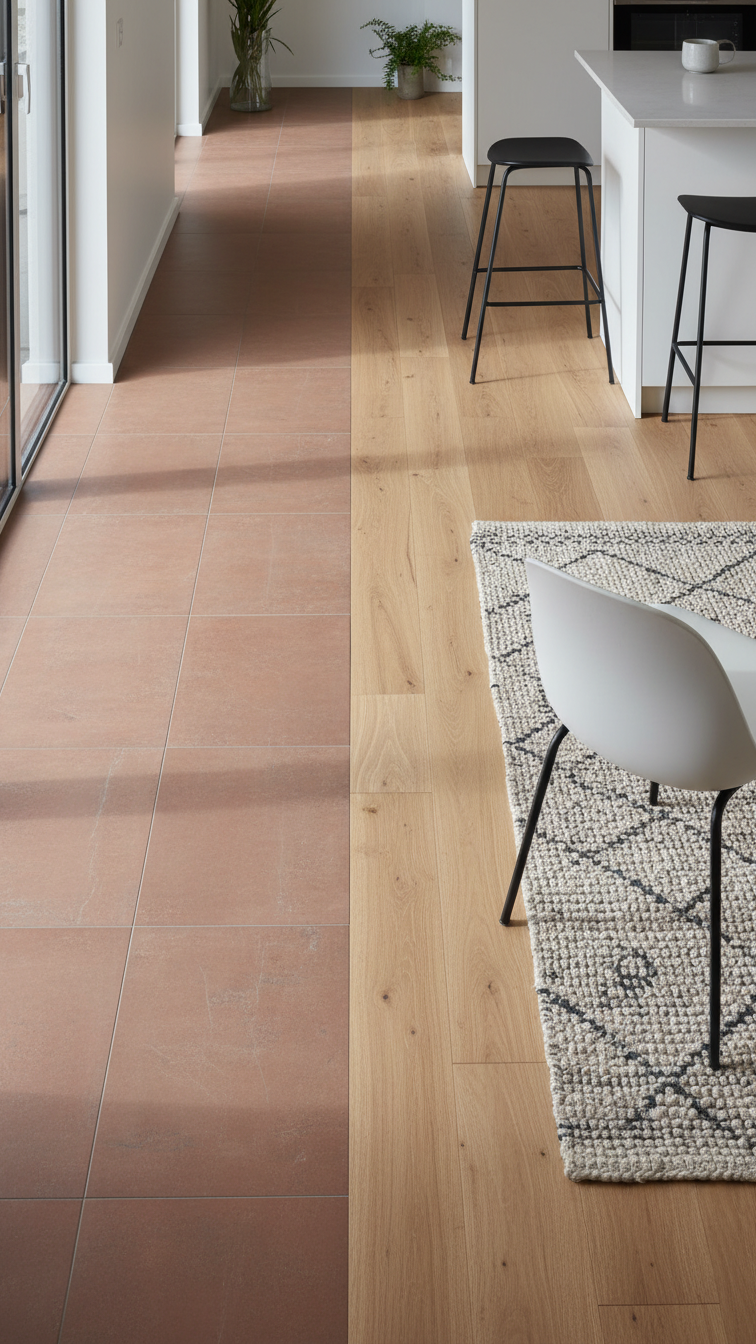 Seamless floor transition from large porcelain tiles in a modern kitchen to engineered wood in the adjacent living area, top-down view.