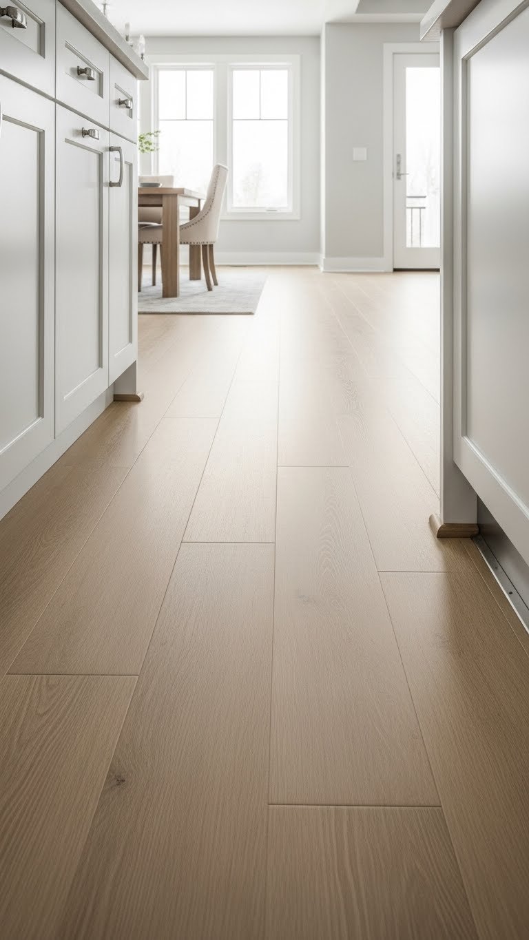Seamless flooring transition in open kitchen living room. Wide-plank light oak wood floor. Whites, pale grays, natural light. Expansive space.