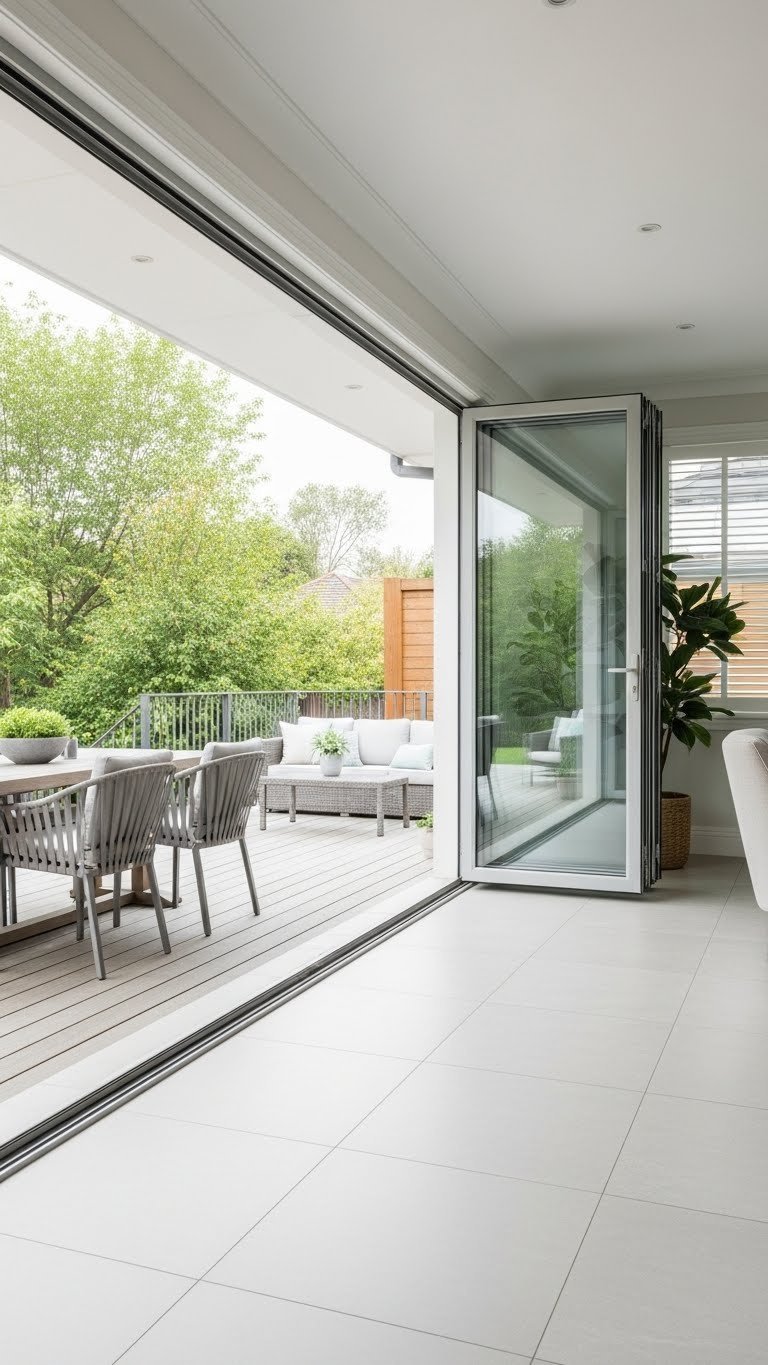 Seamless indoor-outdoor living: open bi-fold doors link kitchen-living-dining to patio. Continuous gray tile floor, natural landscape.