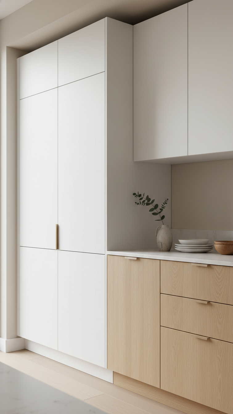 Seamless integrated kitchen design with concealed panel-ready refrigerator behind flat-panel cabinet doors, modern hidden appliance solution.