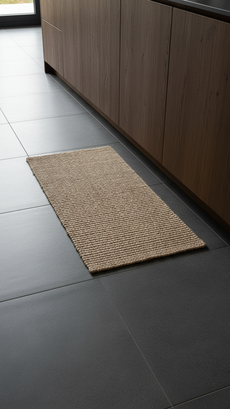 Seamless large-format dark gray concrete floor tiles emphasizing clean lines in a serene Japandi kitchen, modern aesthetic.