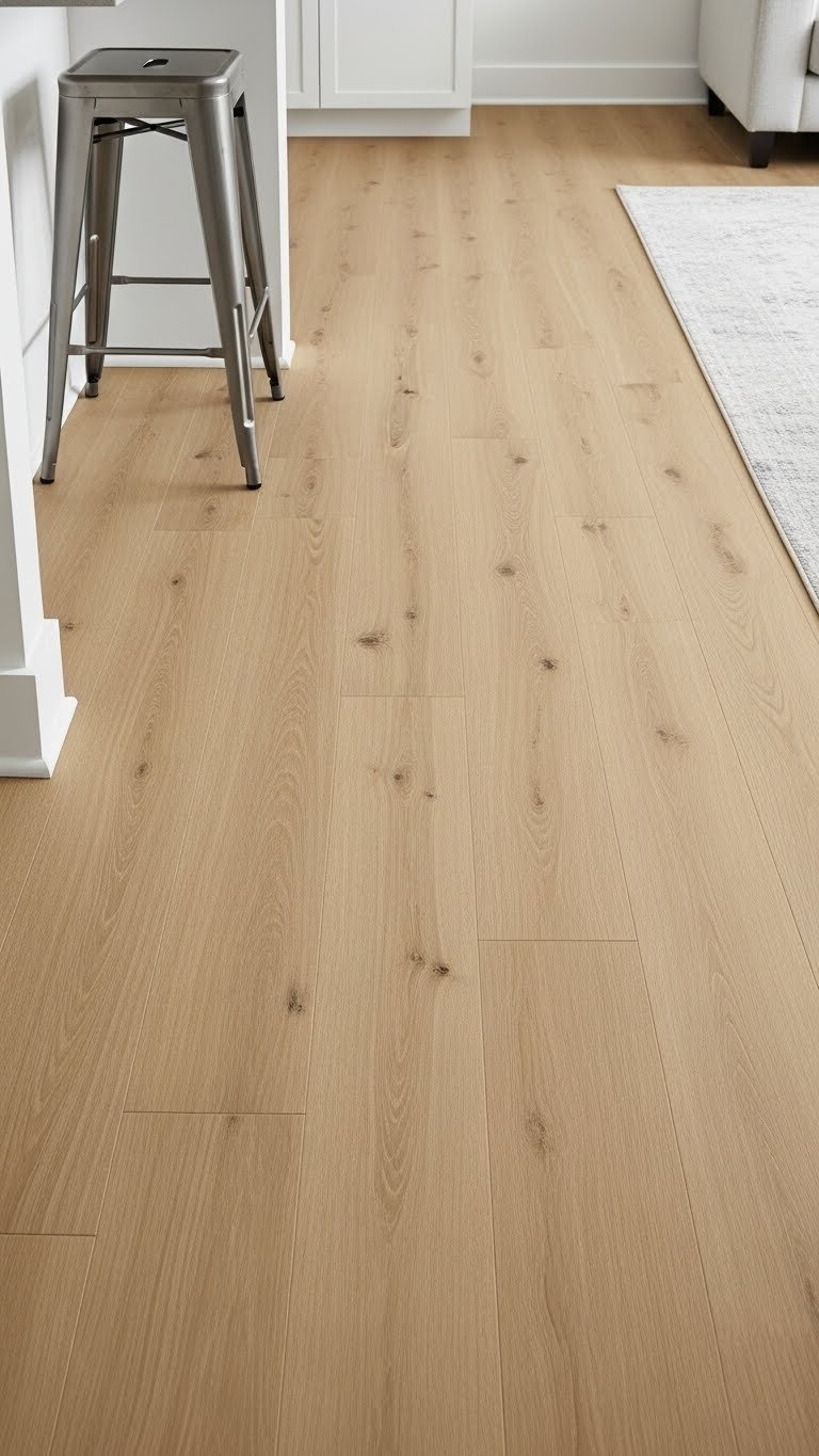 Seamless light oak wood flooring flows from a modern kitchen into an open concept living room, creating expansive, clean space.