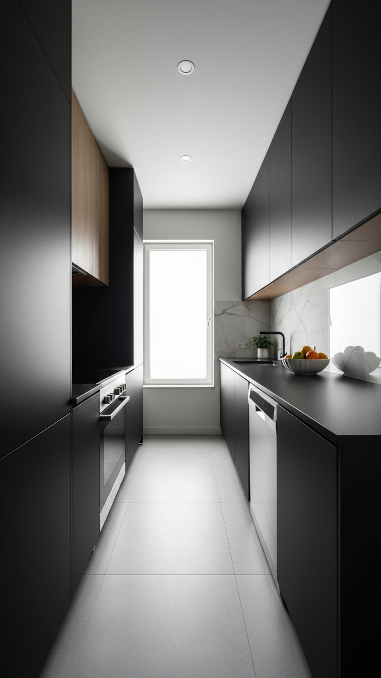 Seamless matte black cabinetry with integrated refrigerator and dishwasher in a narrow galley kitchen, maximizing space & sleek design.