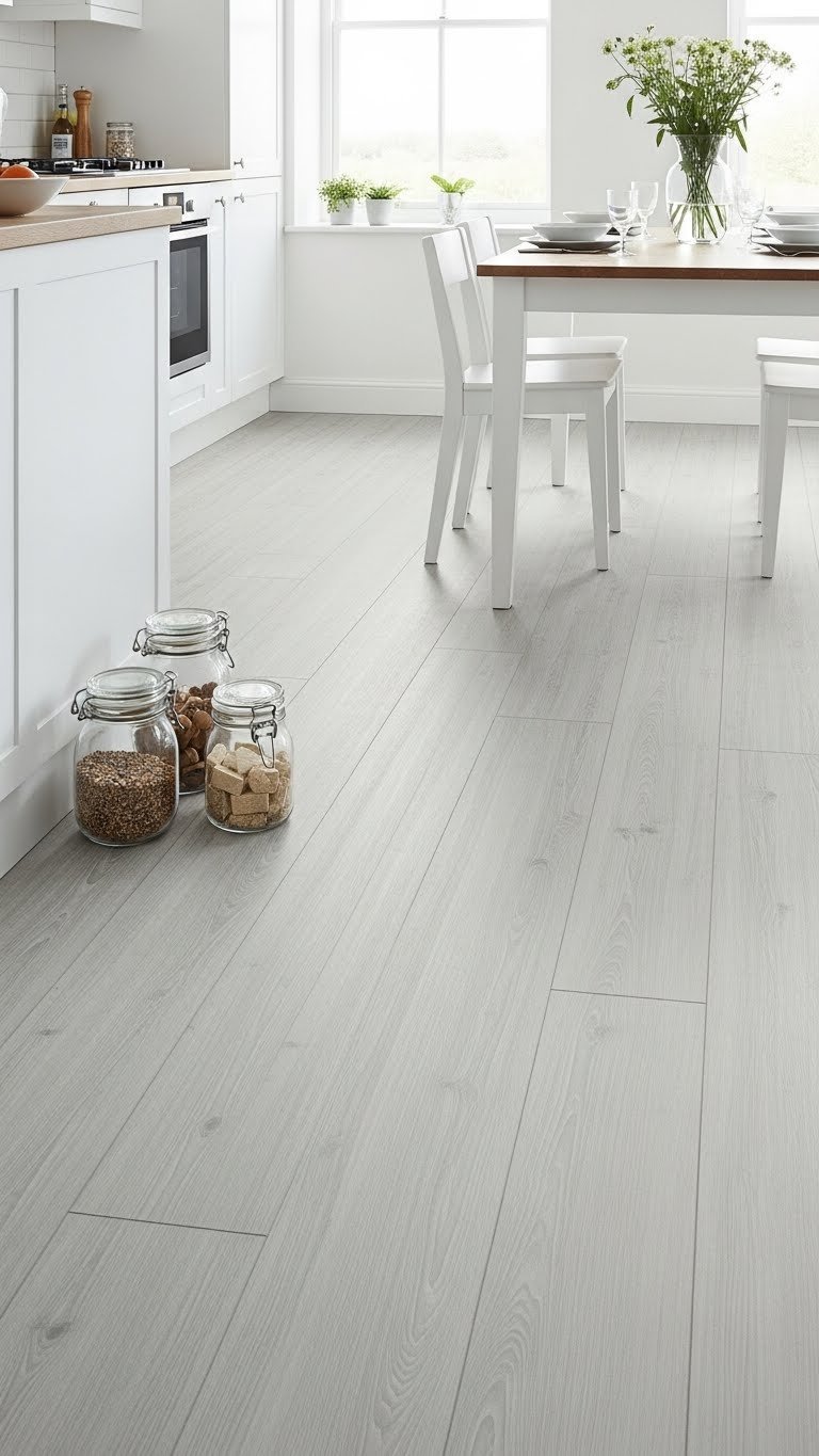 Seamless neutral sheet vinyl flooring extends from galley kitchen into dining/living space, emphasizing clean, hygienic design.
