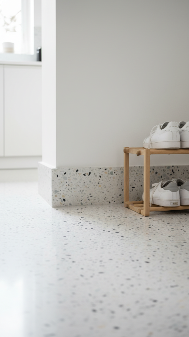 Seamless poured-in-place terrazzo on modern kitchen floor and wall, continuous finish, pale cool grays, bright daylight.