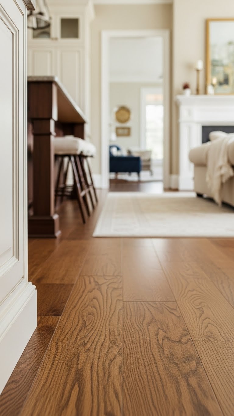 Seamless traditional hardwood flooring connecting a cozy open kitchen and living room, featuring a neutral area rug and warm golden browns.