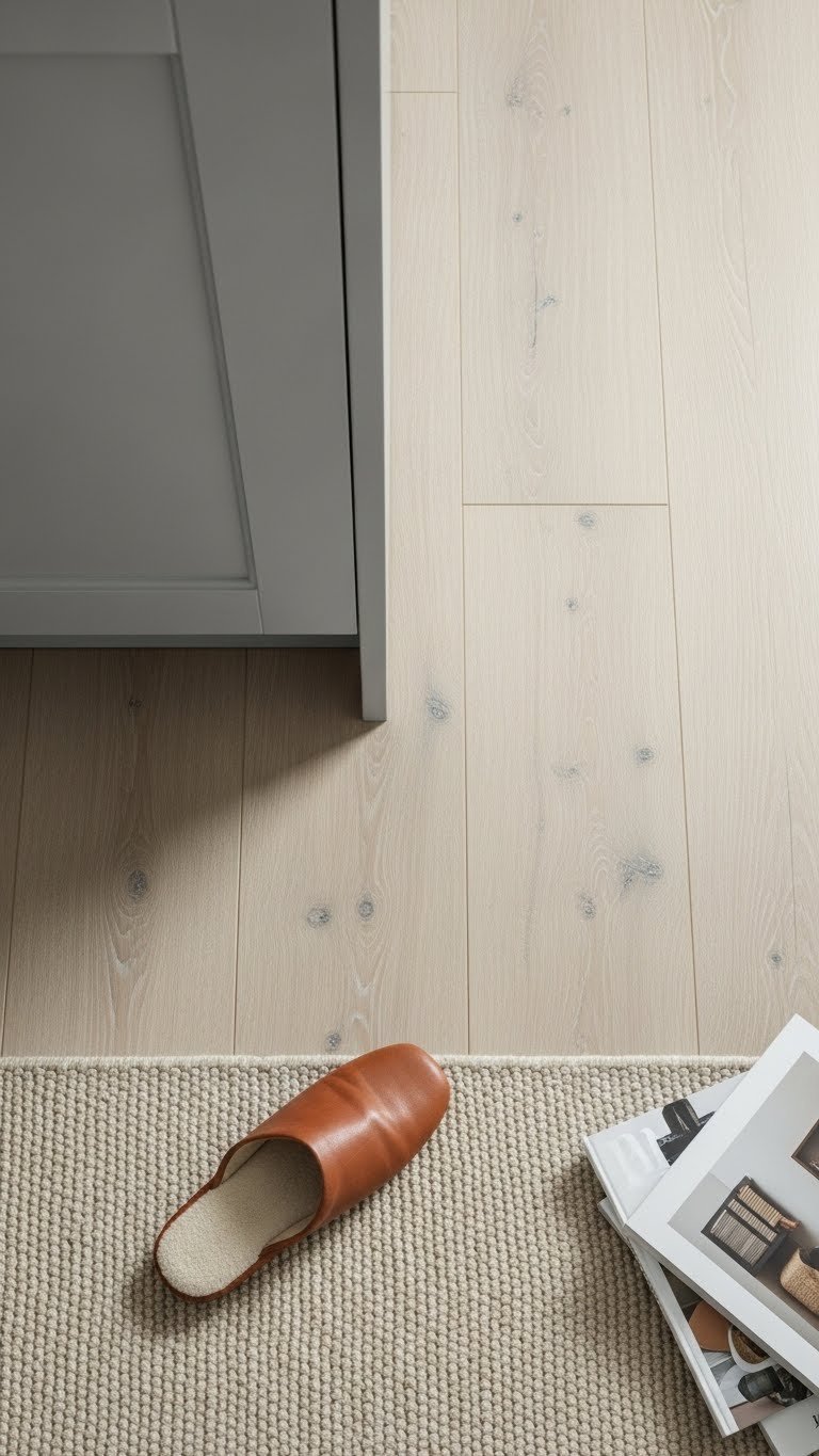 Seamless transition: continuous light wood flooring from kitchen to living area, with rug edge, creating uninterrupted visual flow.