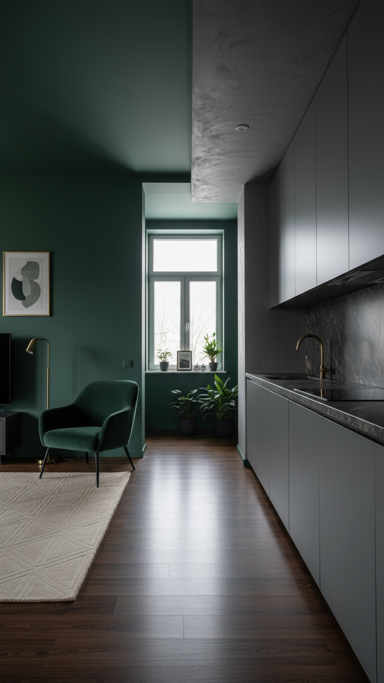 Seamless transition in moody open concept space: dark emerald green living room wall meets charcoal gray kitchen. Hardwood floor, gold lamp, rug.