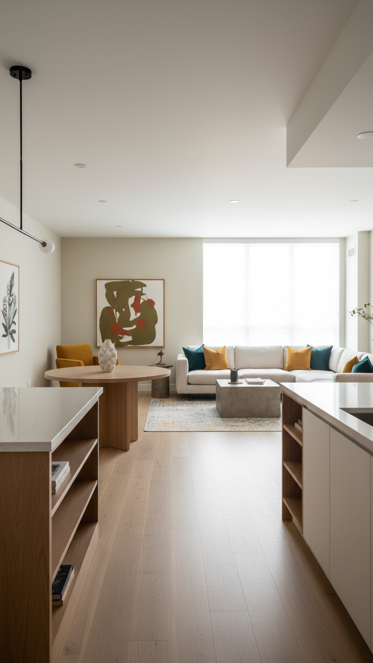 Seamless visual connection in modern open concept kitchen, dining, living areas with wide sightline from island on wood flooring.