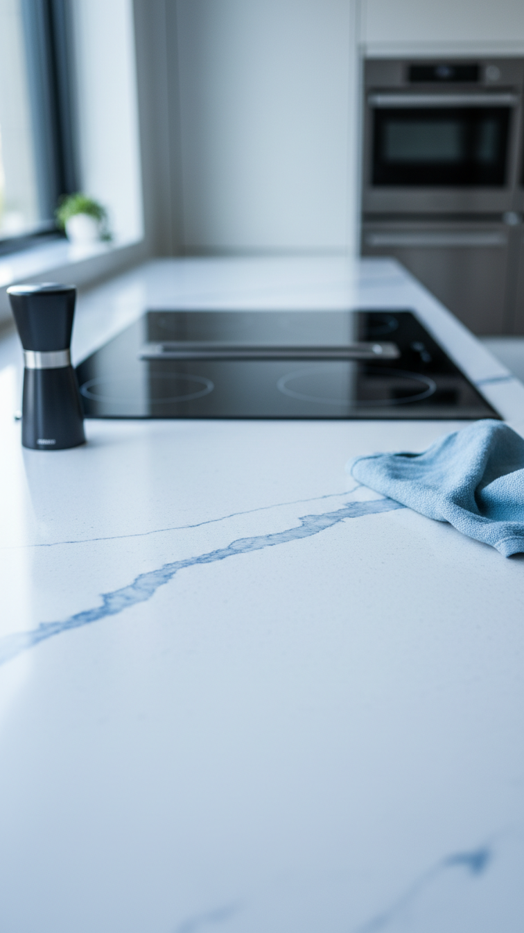 Seamless white quartz countertop next to flush-mounted smart induction cooktop. Hygienic, non-porous surface, modern kitchen design.