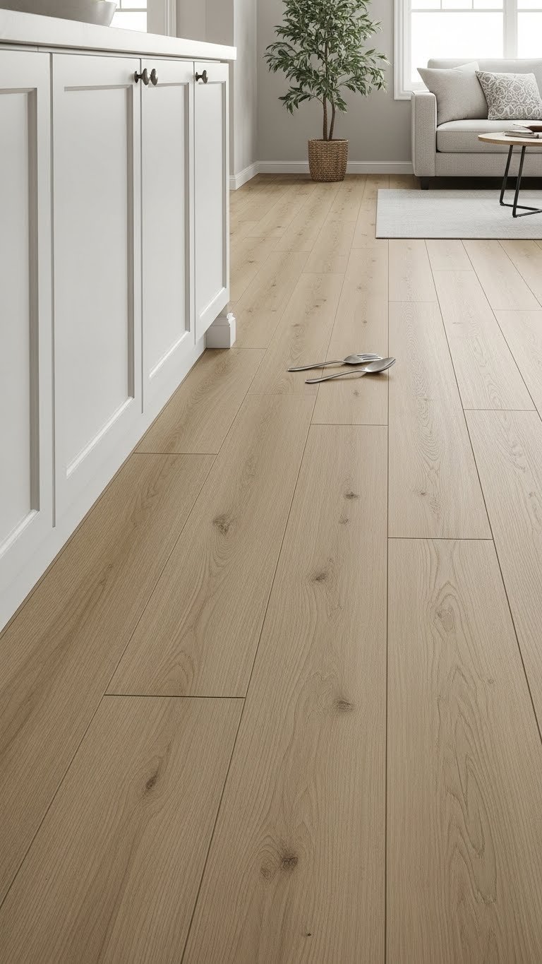 Seamless wide-plank light oak flooring connecting an open kitchen to the living room, expanding space and creating flow.