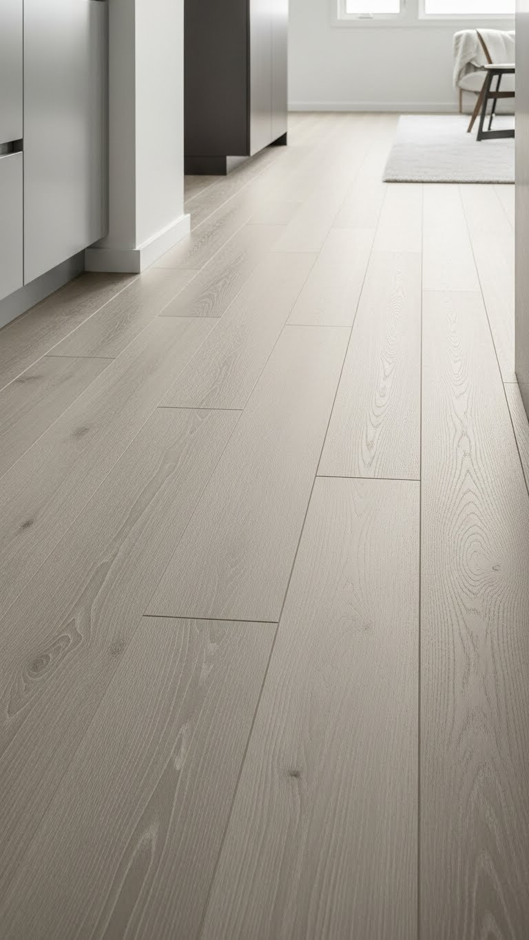 Seamless wide plank wood flooring in open concept kitchen and living room emphasizes cohesive, uninterrupted flow. Natural wood tones.