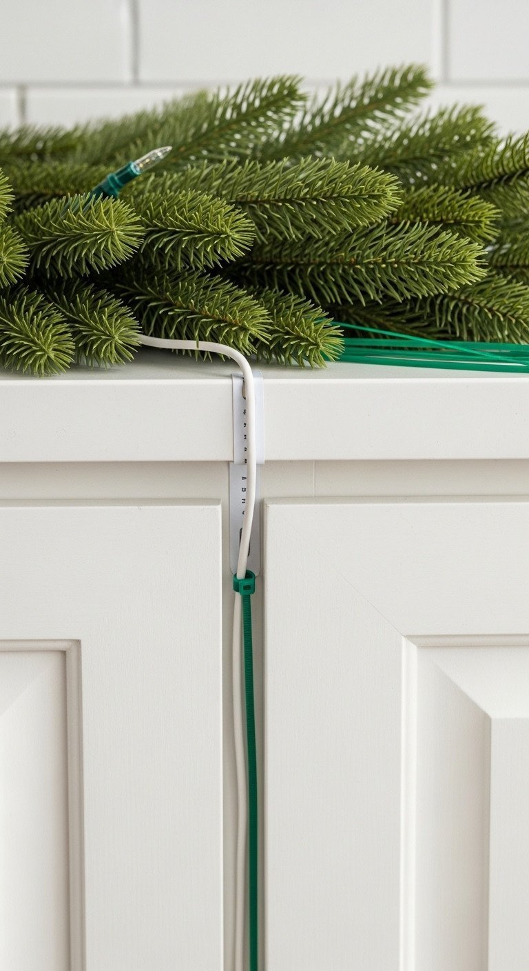 Seamless wire management: Christmas light cord tucked behind pine garland into thin white adhesive raceway on cabinet top.