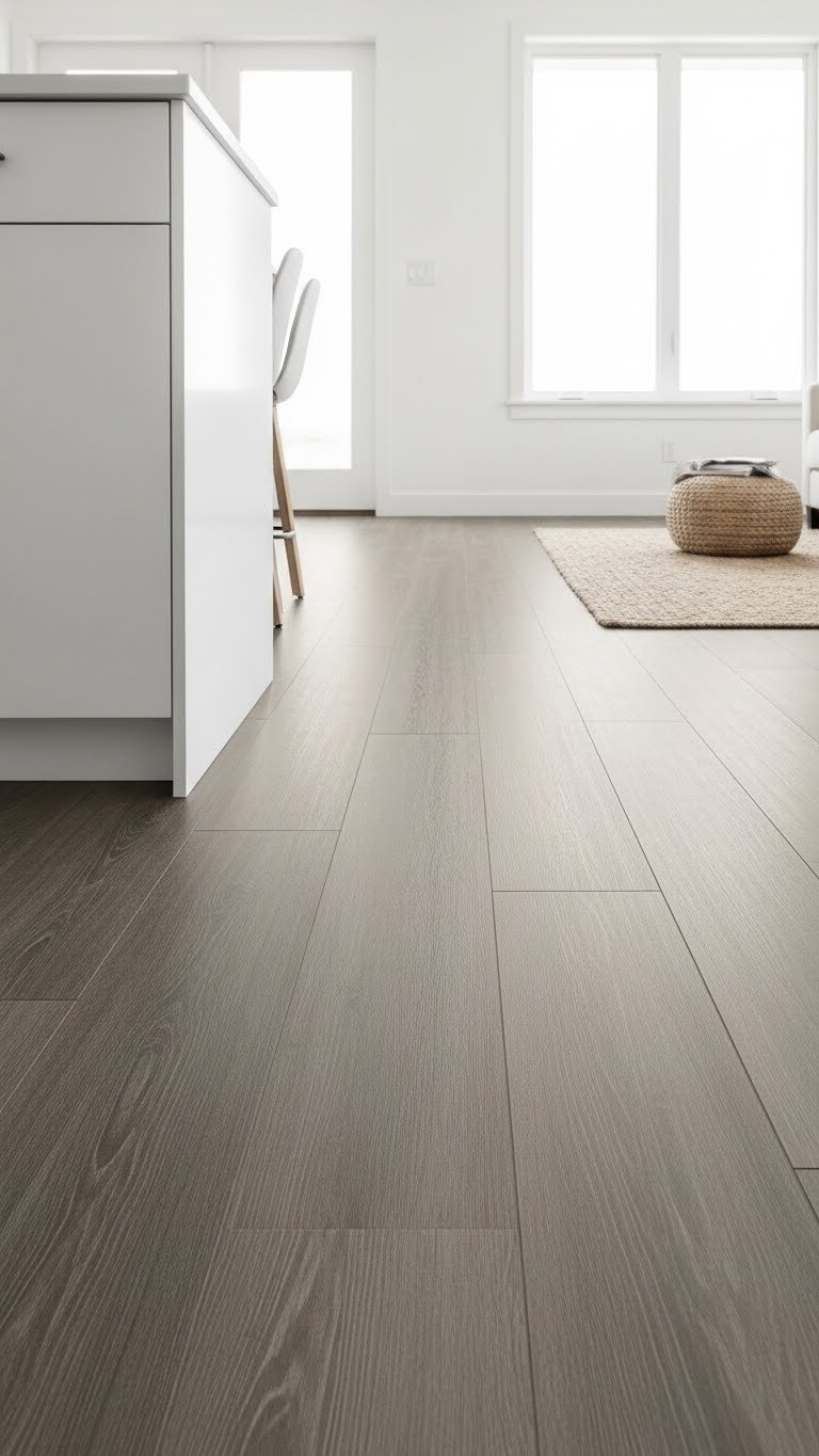 Seamless wood-look Luxury Vinyl Plank flooring unifies modern open kitchen and living room design, featuring neutral grays and a subtle area rug.