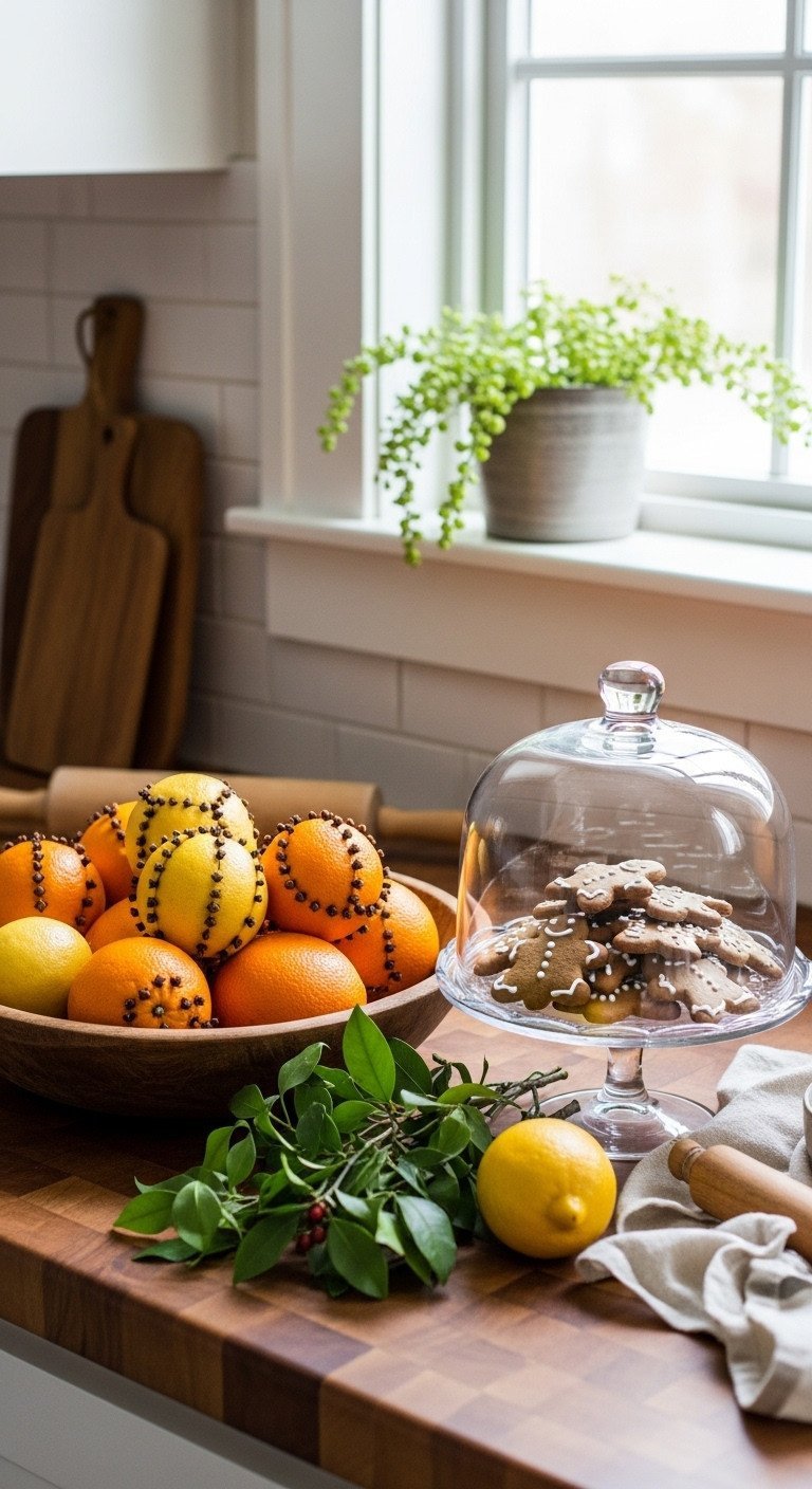 Seasonal Christmas edible decor: wooden bowl of citrus pomander balls, glass cloche with gingerbread cookies on countertop.