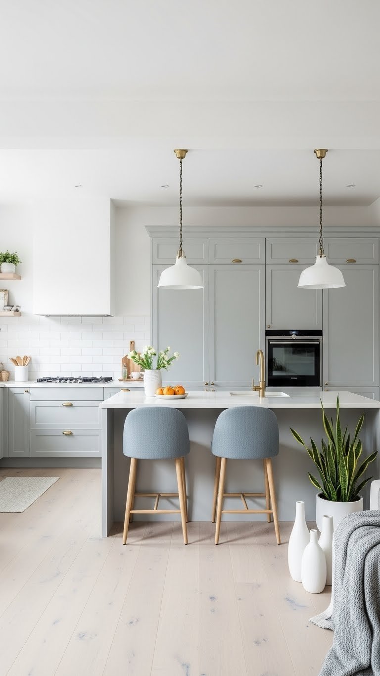 Serene Scandi open concept space with white walls, light grey kitchen cabinets, natural wood floors, and muted sage/blue textiles.