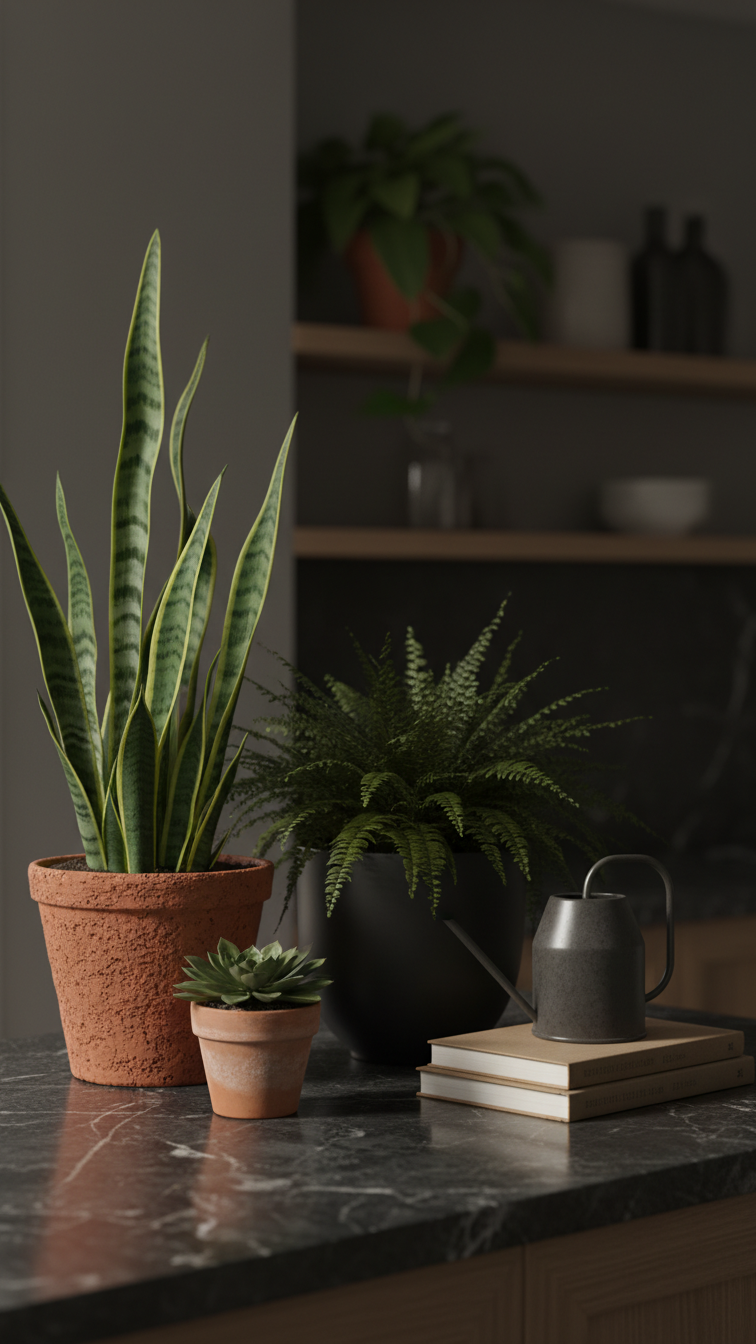 Serene, earthy kitchen with lush green potted plants in terracotta and matte black planters on a dark counter.
