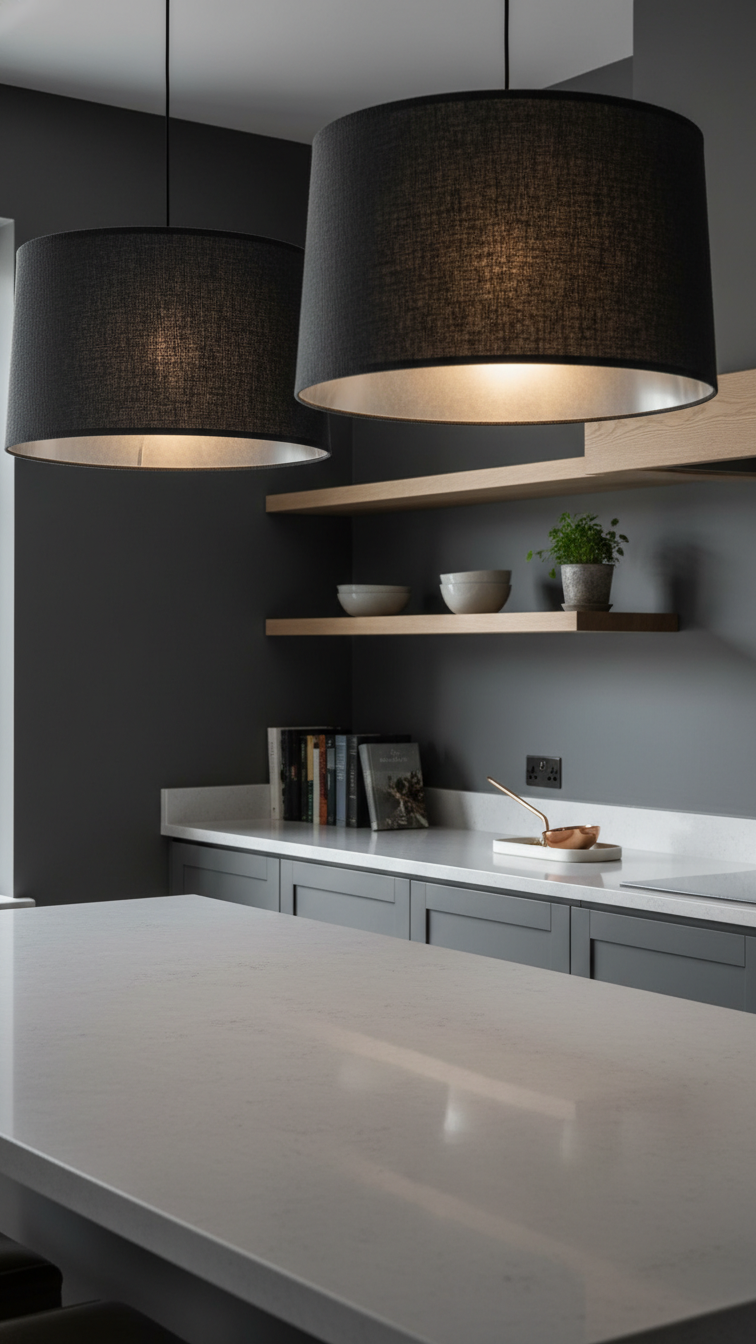 Serene transitional kitchen with dark gray fabric shade drum pendants over a light countertop, natural wood shelves, soft light.