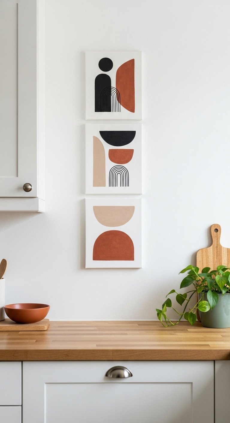 Set of three DIY abstract geometric paintings in terracotta and black hanging vertically in a bright Scandinavian kitchen.