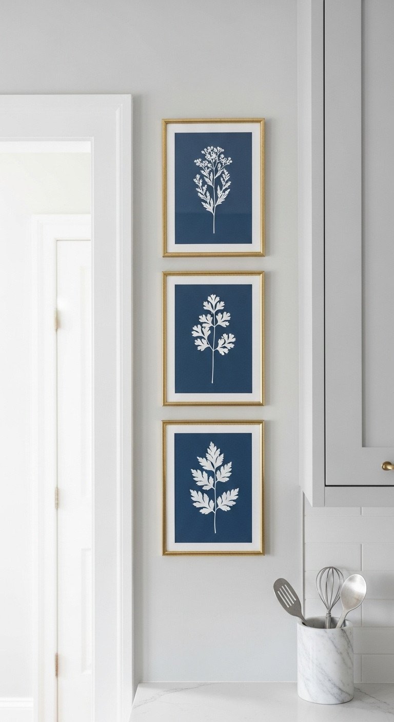 Stunning Navy Blue Kitchen Wall Decor And Styling Ideas 17 Set of three vertical botanical prints in brass frames with white silhouettes on a navy background on a gray kitchen wall.