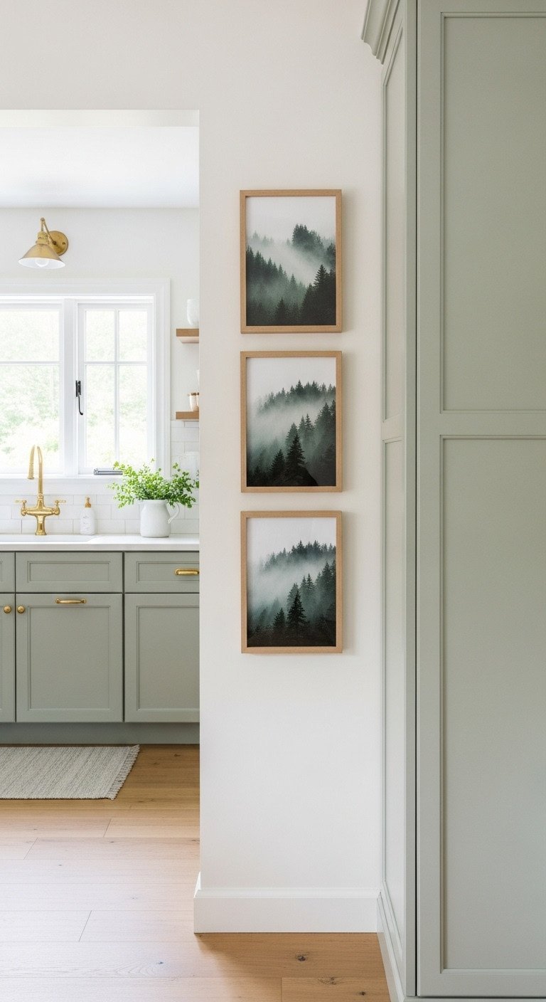 Set of three vertical landscape prints of a misty forest in light wood frames, hung in a column in a kitchen entryway.