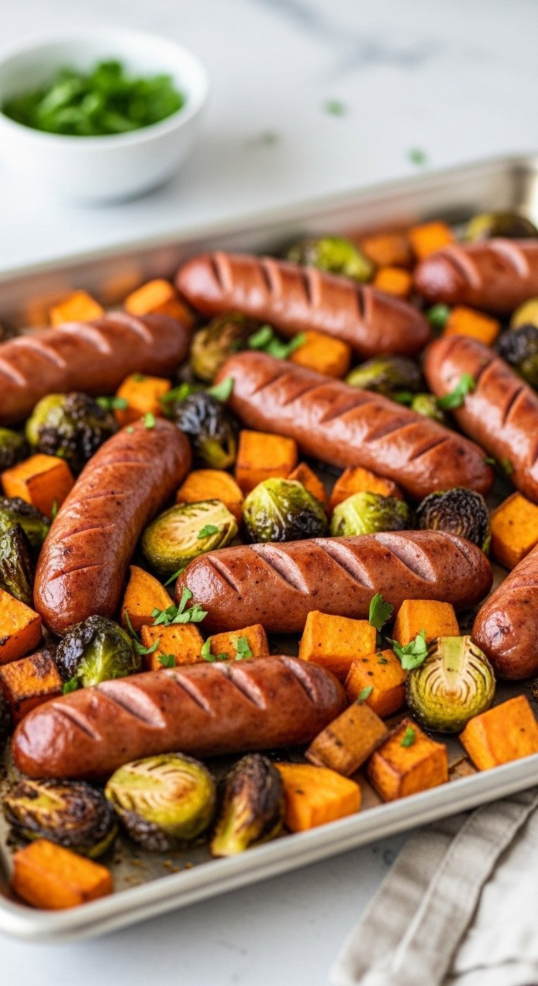 9 Cozy Fall Dinner Ideas Mastered With Sheet Pan And Slow Cooker 1 Sheet pan chicken sausage, sweet potatoes, and Brussels sprouts with smoked paprika, olive oil on aluminum pan. Garnished with parsley.