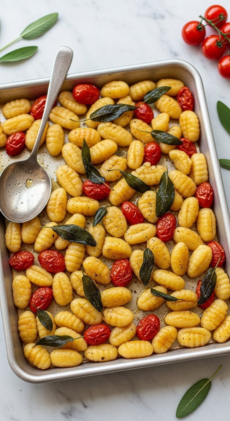 9 Cozy Fall Dinner Ideas Mastered With Sheet Pan And Slow Cooker 9 Sheet pan gnocchi with browned butter, crispy sage, cherry tomatoes on aluminum pan. Served with ladle on marble.