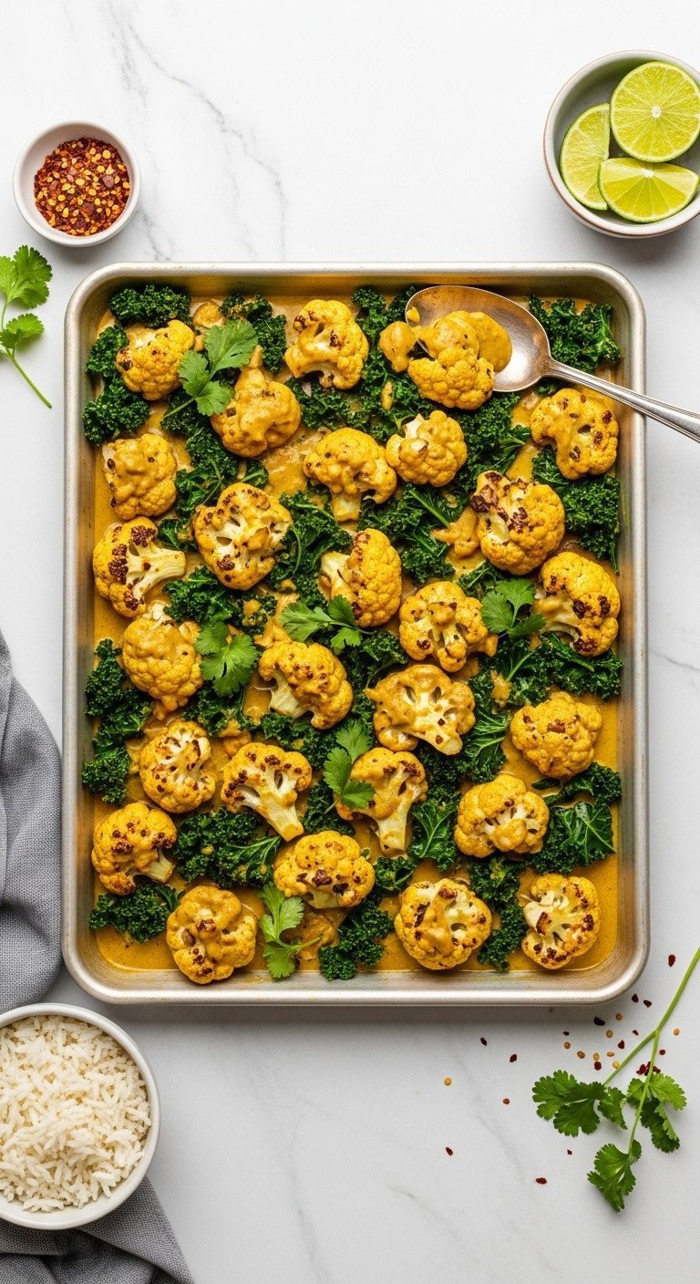 9 Cozy Fall Dinner Ideas Mastered With Sheet Pan And Slow Cooker 17 Sheet pan vegan cauliflower and kale curry with coconut milk sauce. Served with rice, lime, chili flakes on marble.