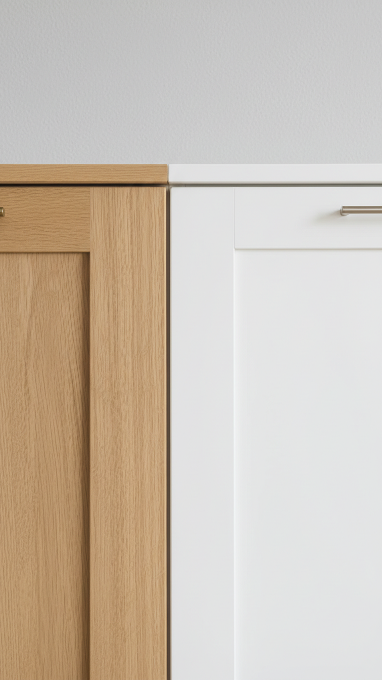 Side-by-side comparison of framed kitchen cabinetry with recessed doors and frameless Euro-style cabinets showcasing a sleek full overlay design.