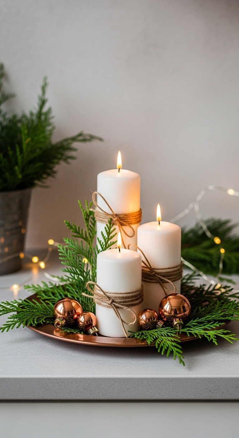 Simple Christmas vignette: twine candles, cedar sprigs, copper ornaments on a metallic platter with fake snow.