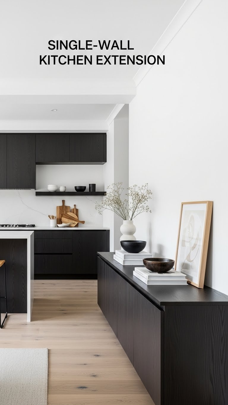 Single-wall kitchen cabinetry extends into living room as a sleek dark wood buffet. Integrated open concept design with white walls and curated decor.